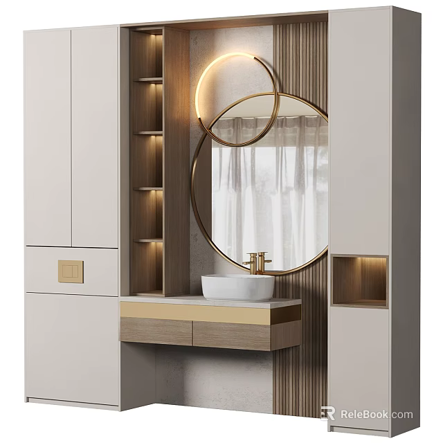 Modern Bathroom Sink Vanity With Round Gold Framed Mirror And LED Lighting 3d model 