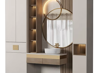 Modern Bathroom Sink Vanity With Round Gold Framed Mirror And LED Lighting 3d model