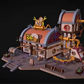 Cartoon Bar Scene With Orange Roof And Clock Decorations Wooden Barrels Benches And Stairs