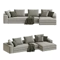 Modern Gray Sectional Sofa With Multiple Cushions And Cozy Throw Blanket 3d model