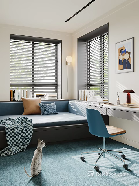 Bright Home Office Interior With Blue Sofa Desk Chair And Window Blinds 3d model 