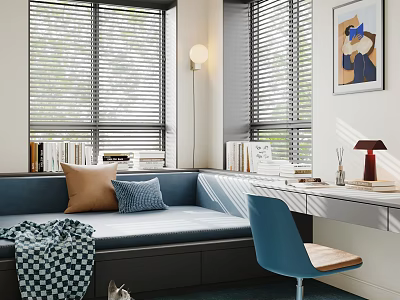 Bright Home Office Interior With Blue Sofa Desk Chair And Window Blinds 3d model