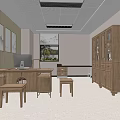 Bright Hospital Outpatient Clinic Interior With Wooden Walls Framed Paintings Desk Computer Cabinets And Window
