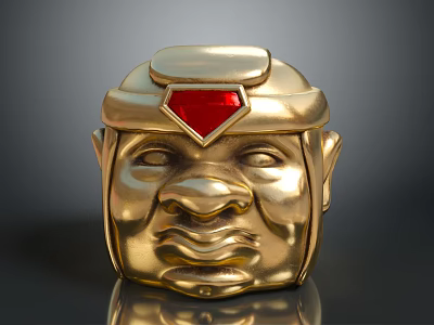 Fantasy Character Golden Helmet Featuring Creature Face Design And Red Gemstone 3d model