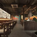 Japanese Ramen Restaurant Interior With Wooden Tables and Stools Wheat Decorations Brick Wall Hanging Lanterns