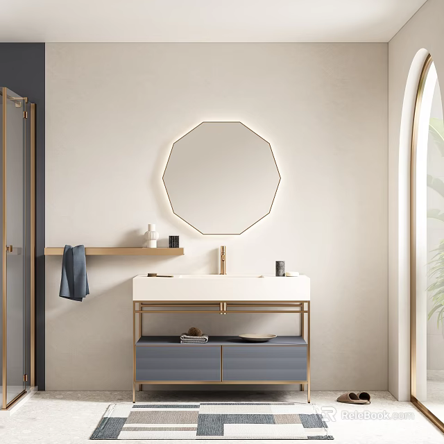 Modern Bathroom Vanity With Octagonal Gold Framed Mirror White Countertop And Blue Cabinet 3d model 