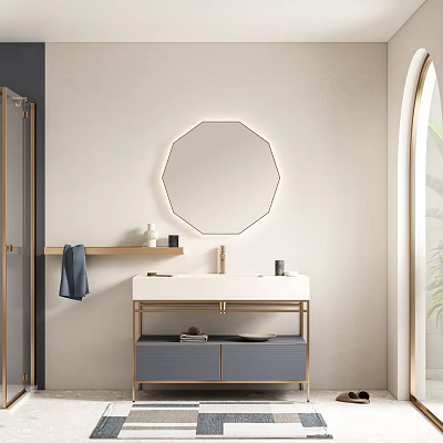 Modern Bathroom Vanity With Octagonal Gold Framed Mirror White Countertop And Blue Cabinet 3d model