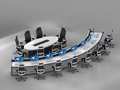 Monitoring Room Interior With Curved Control Desk Multiple Monitors And Ergonomic Chairs 3d model