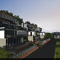 Modern Hotel Building Built on Hillside with Glass Curtain Walls Greenery Pathway and Distant Mountains