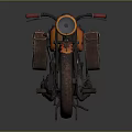 Vintage Motorcycle with Orange Black Flame Decals and Brown Leather Side Bags Displaying Classic Design