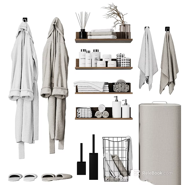 Washroom Daily Essentials With Bathrobes Towels Toiletries Shelves Trash Bin And Laundry Basket 3d model 