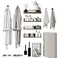 Washroom Daily Essentials With Bathrobes Towels Toiletries Shelves Trash Bin And Laundry Basket