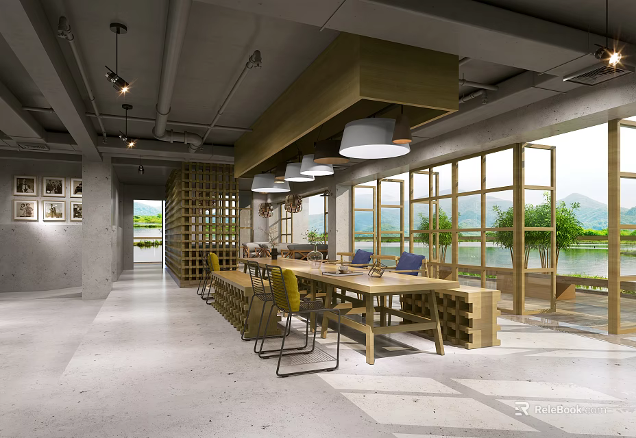 Modern Café Interior With Wooden Structure Long Tables Yellow Chairs Large Windows And Natural Light 3d model 