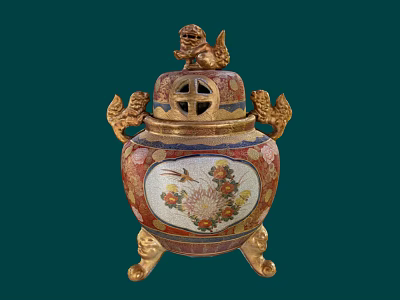 Traditional Ornament Decor Set With Lion Lid Dragon Handles Floral Bird Motif Golden Legged Design 3d model