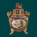 Traditional Ornament Decor Set With Lion Lid Dragon Handles Floral Bird Motif Golden Legged Design