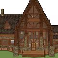 Rustic Log Cabin Detached Villa With Dark Roof Steps Water Feature And Fence