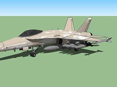 Desert Camouflage Fighter Jet with Twin Tail Fins Black Cockpit Weapons on Green Ground 3d model