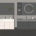 Modern Bathroom Vanity With Double Sinks Rectangular Circular Lighted Mirrors Green Plants Gray Tile Wall 3d model