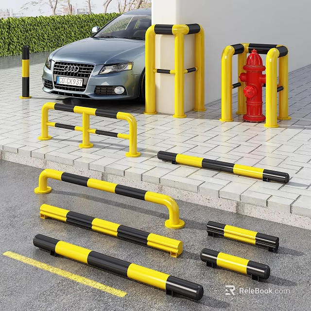 Public Facility With Yellow Black Safety Barriers Red Fire Hydrant And Parked Car On Paved Ground 3d model 