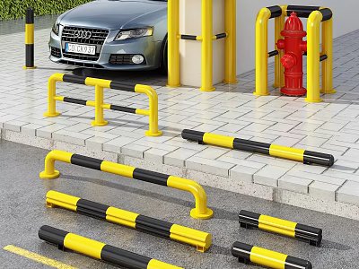 Public Facility With Yellow Black Safety Barriers Red Fire Hydrant And Parked Car On Paved Ground 3d model