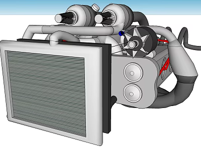 Detailed Mechanical Components With Radiator Fan Pipes And Valves Assembly 3d model