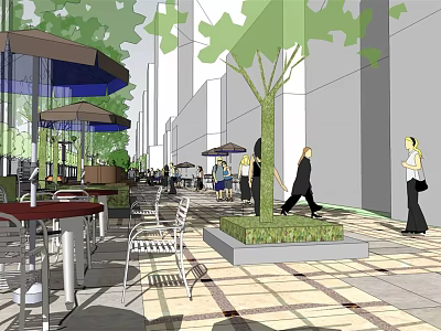 Commercial Urban Landscape With Outdoor Seating Umbrellas Trees And Pedestrians 3d model