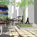 Commercial Urban Landscape With Outdoor Seating Umbrellas Trees And Pedestrians