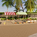 Waterfront Landscape With Palm Trees Striped Awnings Sandy Beach Sun Loungers And Water Reflections