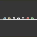 Colorful toy cars in various colors arranged on white display stand