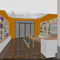 Toy Store With Various Dolls Shelves Display Cabinets Tables Stools Orange Walls And White Ceiling