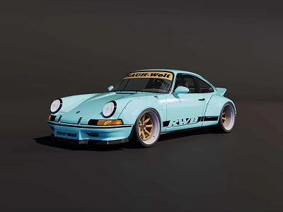 Light Blue Porsche 911 Sports Car With Gold Wheels And RWB Modification 3d model