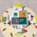 Kids Play Table With Yellow Chairs And Building Block Sections On Watermelon Pattern Mat