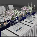 Elegant Dining Table Setup With Floral Bouquets Candles Wine Glasses And Menu Cards