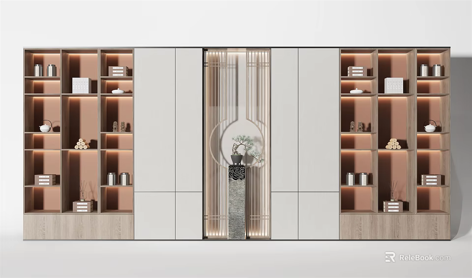 Elegant Modern Wooden Decorative Cabinet With Glass Doors And Storage Ornaments 3d model 