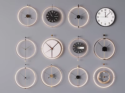Modern Wall Clocks With Various Designs And Metal Frames On Gray Background 3d model