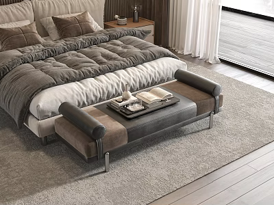 Modern Bedroom Interior With Comfortable Bed Upholstered Bench Side Table And Window Curtains 3d model