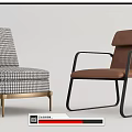 Modern Accent Chairs With Leather And Checkered Fabric Upholstery Metal Frame And Brass Legs Design