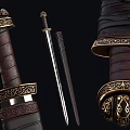 Ancient Decorative Sword With Ornate Hilt Metal Blade And Leather Scabbard