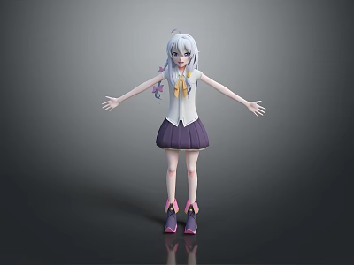 Anime Style 3D Game Character With Silver Hair White Top Purple Skirt And Pink Shoes 3d model