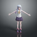 Anime Style 3D Game Character With Silver Hair White Top Purple Skirt And Pink Shoes