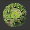 Ancient Stone Statues Arrangement With Circular Mossy Platform And Green Plants