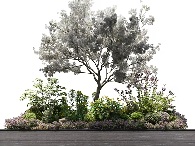 Tall Arbor Tree With Lush Green Shrubs Colorful Flowers And Foliage In Garden Landscape 3d model