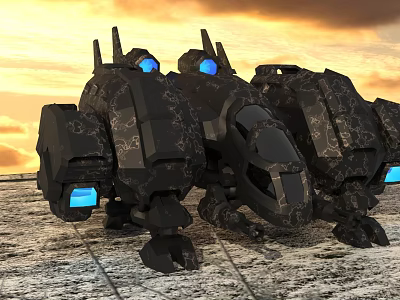 Black Armored Mech With Blue Lights On Sunset Sky Metallic Ground 3d model