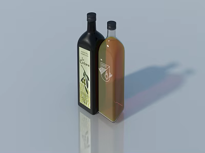 Two Different Colored Wine Bottles With Labels And Liquid On Reflective Surface 3d model