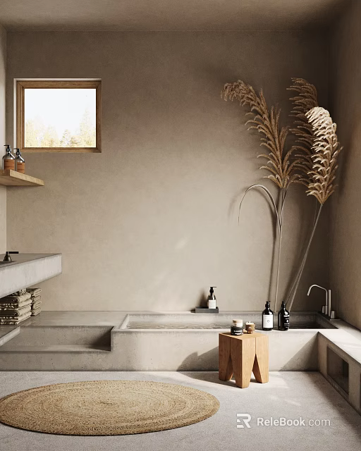 Minimalist Bathtub In Natural Toned Bathroom With Pampas Grass And Stool 3d model 