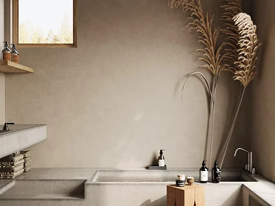 Minimalist Bathtub In Natural Toned Bathroom With Pampas Grass And Stool 3d model