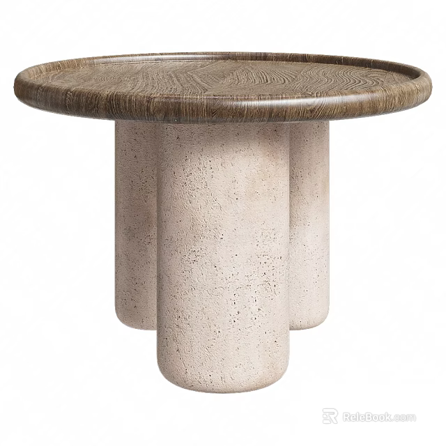 Modern Round Side Table With Textured Wooden Top And Three Cylindrical Concrete Bases 3d model 