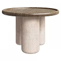 Modern Round Side Table With Textured Wooden Top And Three Cylindrical Concrete Bases
