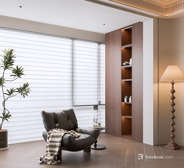 Cozy Home Balcony Design with Window Blinds Dark Leather Armchair Potted Plant and Wooden Shelf 3d model 