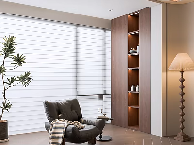 Cozy Home Balcony Design with Window Blinds Dark Leather Armchair Potted Plant and Wooden Shelf 3d model